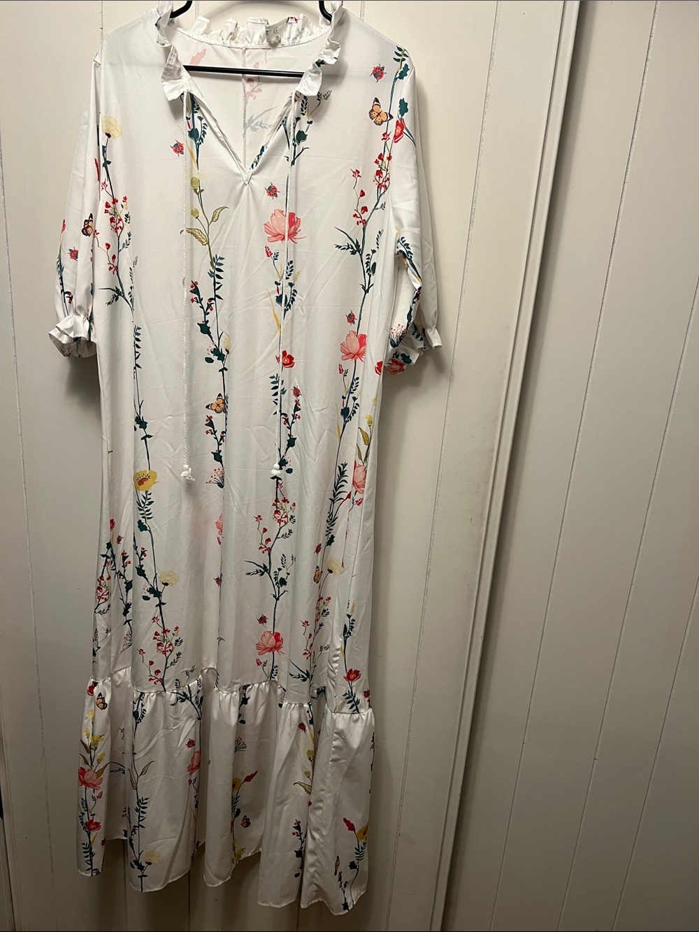 White Floral Maxi Dress with Ruffle Hem
